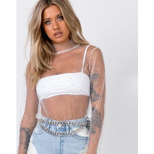 Neatie kiddie Sexy Fashion Women Mesh Lace Sequined Shirt Tops Long Sleeve Transparent Party Night Blouse Female Casual Clothes