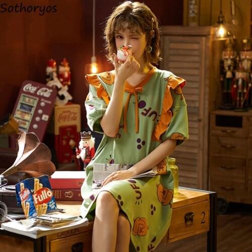 Nightgowns Women Plus Size 4XL Turn-down Collar Ruffles Spring Autumn Lovely Cartoon Short-sleeved SleepWear New Nightdress