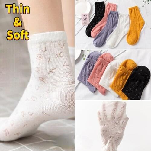 Spring Autumn New Hollow Out English Letter Socks Japanese Thin Breathable Mesh Solid Color Women Middle Tube Super Thin Soft