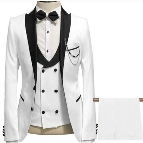 Slim fit Formal Groom Tuxedo for Wedding Prom 3 piece White Men Suits with Black Peaked Lapel Custom Man Fashion Costume 2020