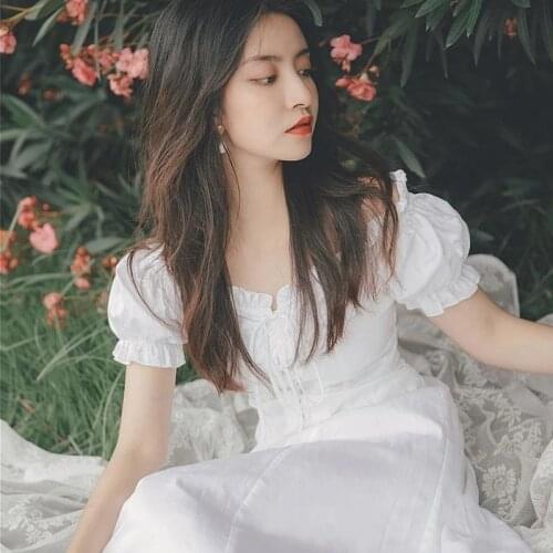 Summer 2021 Elegant Dress Women White French Puff Sleeve Chiffon Dress Korean Japan Style Sweet Vintage Dress