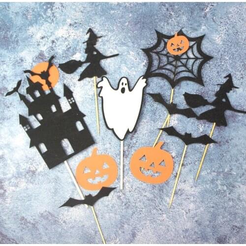 Happy Halloween Cake Topper Pumpkin Ghost Bat Witch Castle Black Cat Horror Cupcake Toppers Halloween Party Baking Decoration