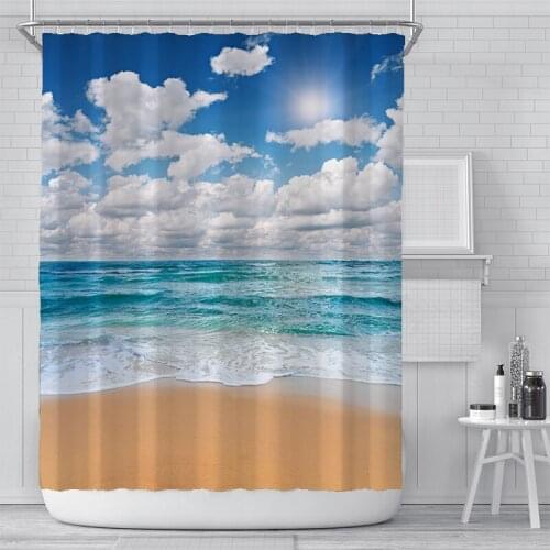 Sea Wave Beach Shower Curtain Blue Sky Print Bathroom Curtains Waterproof Shower Curtain With Hooks Polyester 180x180cm