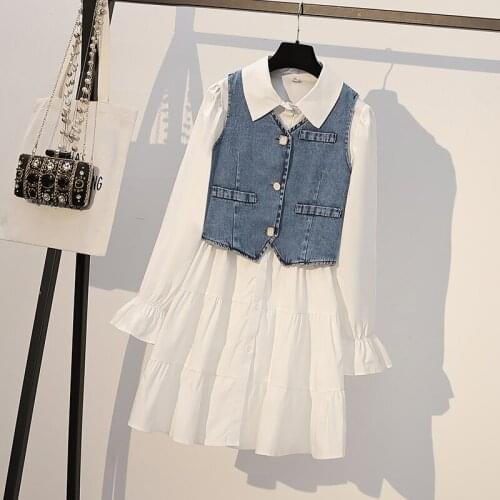 Saliency L-4XL Autumn 2020 New Sweet Horn Sleeve Slim Age-reducing Oversized Shirt Dress Denim Waistcoat Two-piece Suits