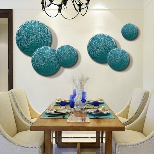 Modern Wood Blue Round Shape Wall Hanging Decoration Crafts Home Livingroom Wall Mural Ornaments Hotel Office Wall Sticker Decor