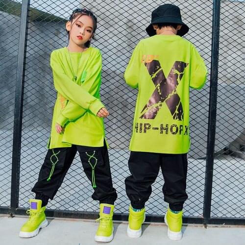 Ballroom Hip Hop Dance Clothes For Kids Green Sweatshirt Tops Girls Hip Hop Pants Long Sleeve Jazz Practice Wear Rave Top BL5316
