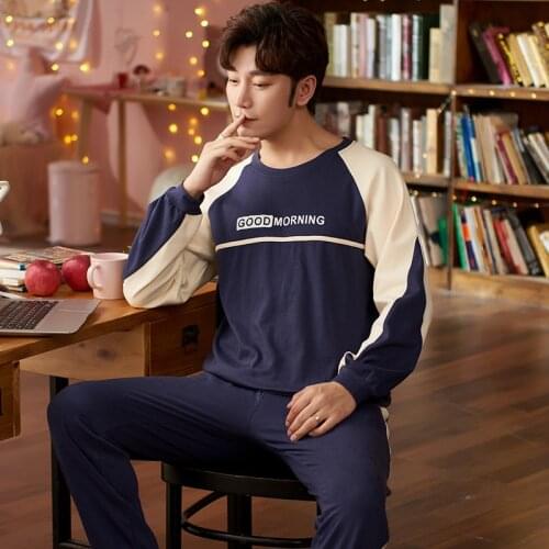 Spring Autumn Pajamas Mens Long-sleeved Trousers Youth Hedging Home Wear Casual Loose Large Size Comfortable Home Service Suit