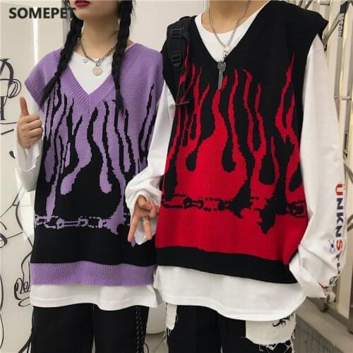 Sleeveless Knitted Sweater Tank Women Vest Vintage Flame Jumper Harajuku Streetwear Casual Woman Man Gilet Korean Fashion