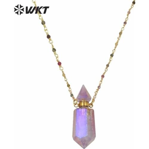 WT-N1234 Beautiful lady shinny purple aura spirit a-methyst stone perfume bottle necklace with 18inch rosary chain cheap price