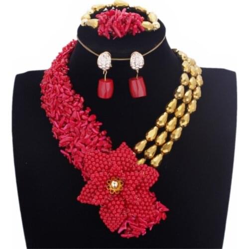 DUDO JEWELRY Traditional African Beads Genuine Coral Beads Handmade Jewelry Set Water Drop Gold Dubai Necklace Set Free Ship New