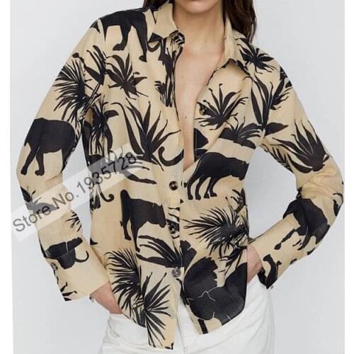 Ladies Cotton Long Sleeve Lapel Printed Blouse Shirt Top - Yidora Store On Sale
