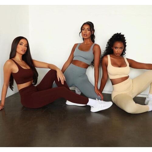 Custom Logo Women Yoga Sportswear High Waist Leggings 2 Pcs Fitness Workout Sports Bra U-Neck Top Set