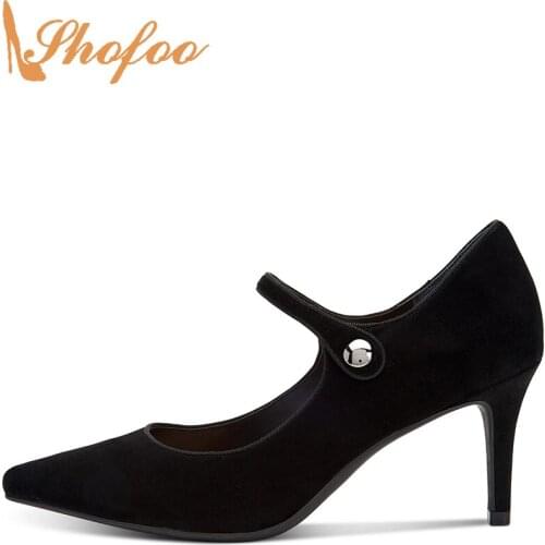 Black Mary Jane Pumps High Thin Heels Flock Women Pointed Toe Strap Buckle Large Size 13 14 Ladies Fashion Mature Shoes Shofoo