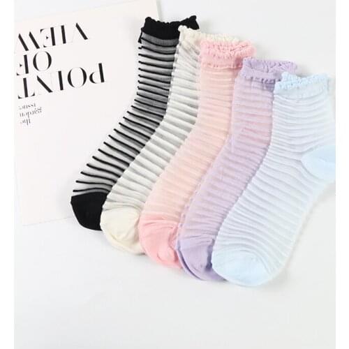 DONG AI 5 pairs fashion ultra-thin cool transparent horizontal strips glass silk womens socks