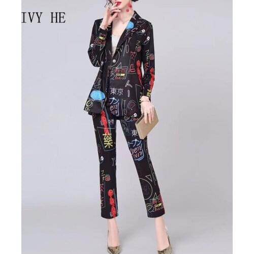 IVY HE High Quality Autumn Pantsuits Woman Clothing Japanese Trend Graffiti Printed Pants Suit Fashion Leggings 2 Piece Suit ZA