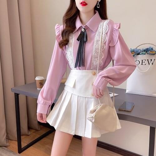 Spring 2021 New Arrival Women 2 Piece Set Sweet Turn-down Collar Long Sleeve Shirt and High Waist Mini A-Line Skirt Suits