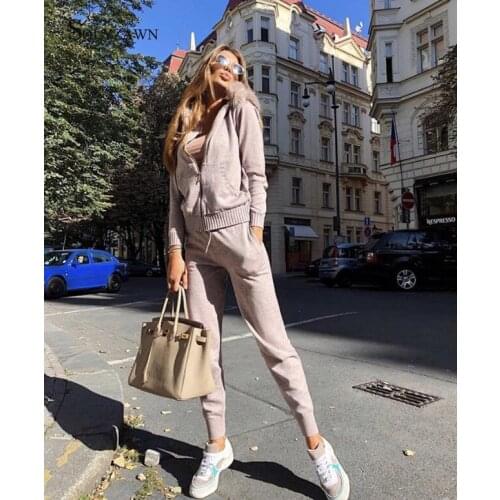 Women Knitted Tracksuit Fur Hooded Sweater Casual Suit Women 2 Piece Set Zipper Long Sleeve Sweater Feet Pants Sportsuit Outfits