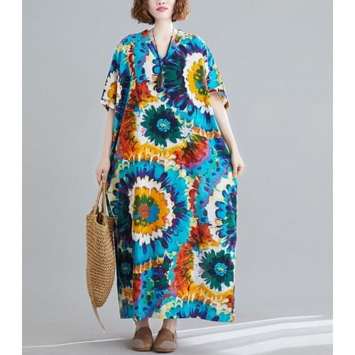 2021 Fashion Print Floral Vintage Dress Sundress Short Sleeve Loose Summer Dress Women Holiday Beach Loose Casual Dress