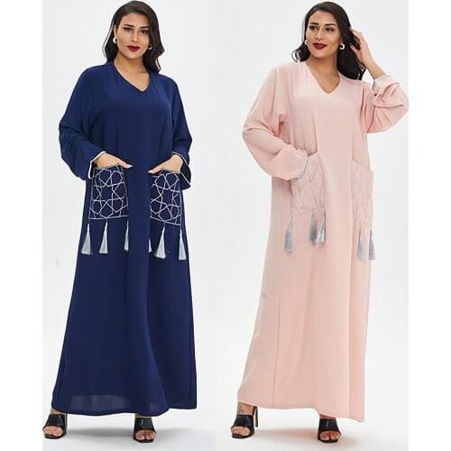 Elegant Tassel Pockets Women Muslim Dress Abayas Dubai Sexy V-neck Full Sleeve Female Long Dresses 2021 Spring Autumn Vestidos