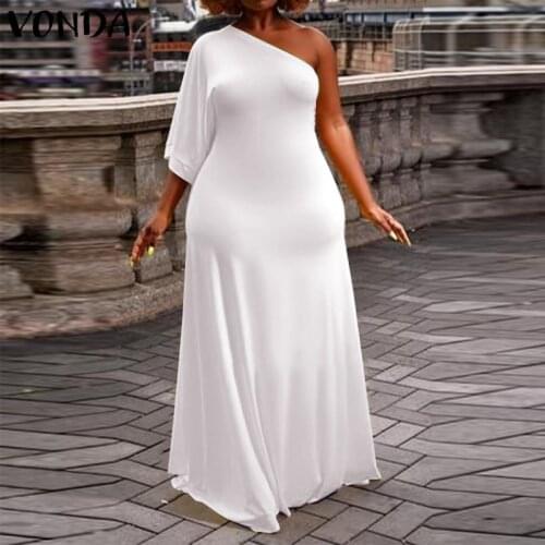 Women Summer Dress Sexy Off Shoulder Long Maxi Dress 2021 VONDA Beach Sundress Casual 3/4 Sleeve Zipper Vestidos Oversize Robe
