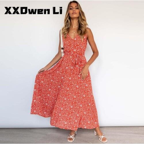 2021 Summer Sexy Double V-neck Sleeveless Sashes Floral Maxi Dress For Women Casual Plus Size Beach Bohemian Vacation Sundress
