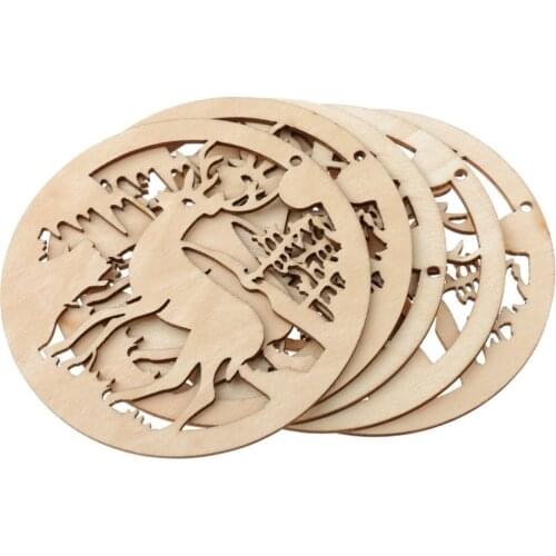 ANGRLY 5pcs Handmade Round Wooden Hollow Deer Design Christmas Tree Gift Box Hanging Decorations New Year Wedding Decoration