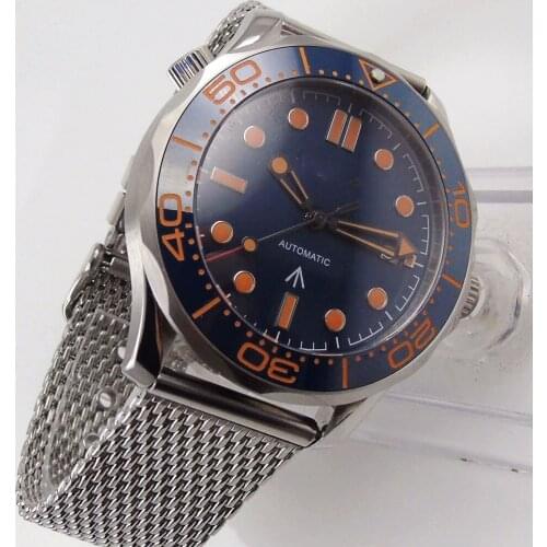 Brand Mechanical Men Watch MIYOTA Movement Orange Marks Luminous Steel Band Screw Crown