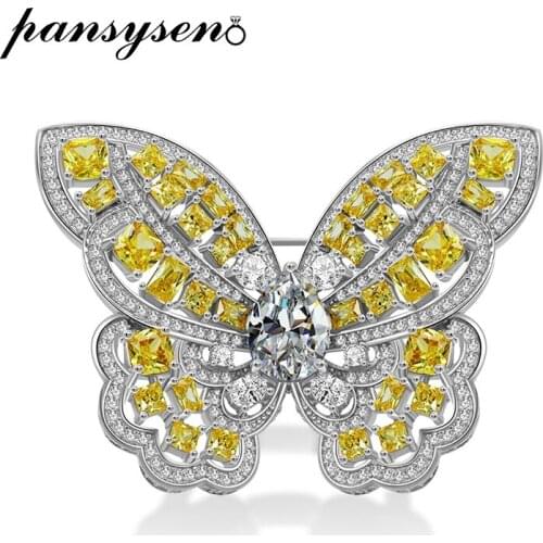 PANSYSEN Brand 100% Pure 925 Sterling Silver Citrine Simulated Moissanite Brooches Women Fine Jewelry Butterfly Brooch Wholesale