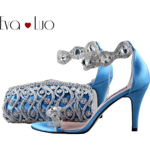 BS1117 Custom Made Blue Turquoise Crystal Women Shoes with Matching Bag set Bridal Wedding Shoes Sandals High Heels Women Shoes