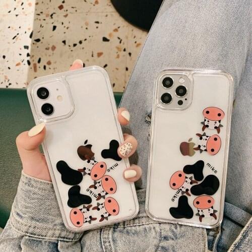 Cute Cartoon Milk Cow Liquid Quicksand Sliding Blocks Phone Case For iPhone X XR 11 12Pro XS MAX 6 7 8 Plus SE 2020 Clear Cover
