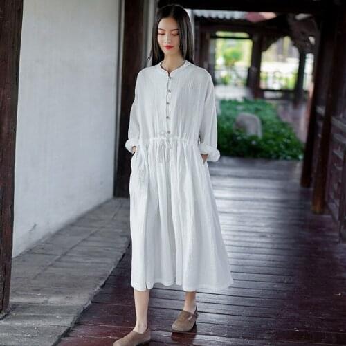 Shanghai Story Drawstring Waist Dress Casual Long Dresses Layer Vintage Loose Long Sleeve Linen Cotton Dress with Pockets