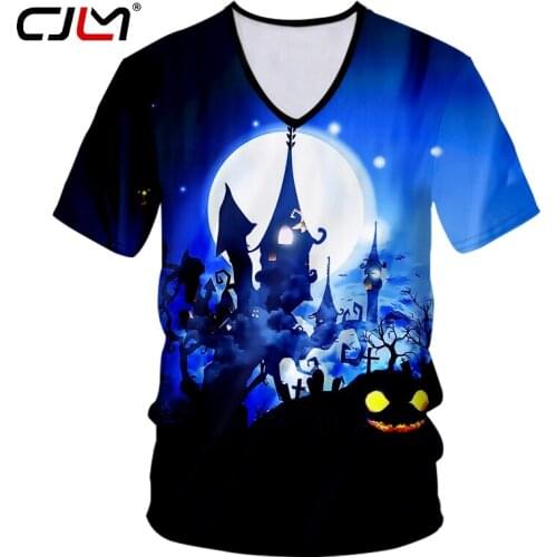 CJLM Halloween Creative Man Spandex T-shirt 3D Cat And Castle Printed Hip Hop Tee Shirt Mens Animal V Neck Tshirt Big Size