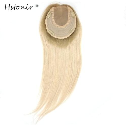 Hstonir Women Hairpieces Hair Clips Toppers Toupee For Hair Woman Grey 613# Silk Top European Remy Hair TP26