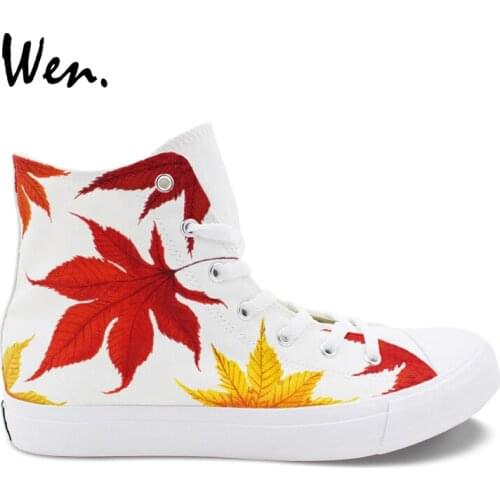 Wen Design Maple Leaves White Hand Painted Shoes High Top Unisex Canvas Sneakers Boy Girls Athletic Shoes for Skateboarding