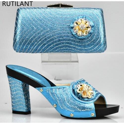 Blue Shoes and Bag Set for Party In Women Italian Ladies Shoe and Bag Set Decorated with Rhinestone Nigerian Women Wedding Shoes