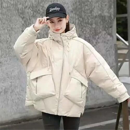 Winter Cotton Clothing Women Jacket Parker Coat Solid Color Hooded Zipper Long Sleeves Warm Loose Temperament Fashion Commuting
