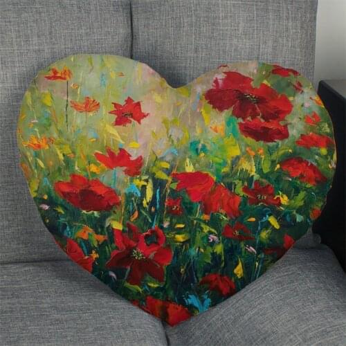 Hot Sale Custom Poppy Red Flower Art Painting Heart Shape Pillow Covers Bedding Comfortable Cushion/High Quality Pillow Cases