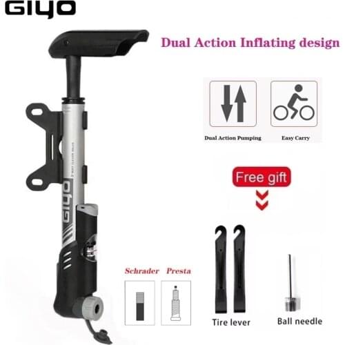 Giyo 120psi SmartHead Mini Bicycle Pump Portable MTB Dual Action Inflator Road Bike Cycling Presta Schrader Valve Tire Hand Pump