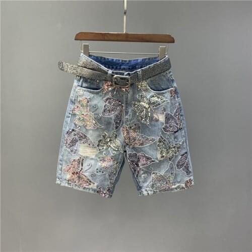 2021 New Summer Fashion Ladies Floral Jeans Denim Shorts Womens Heavy industry Lace Sequin Butterfly Loose Straight Jeans