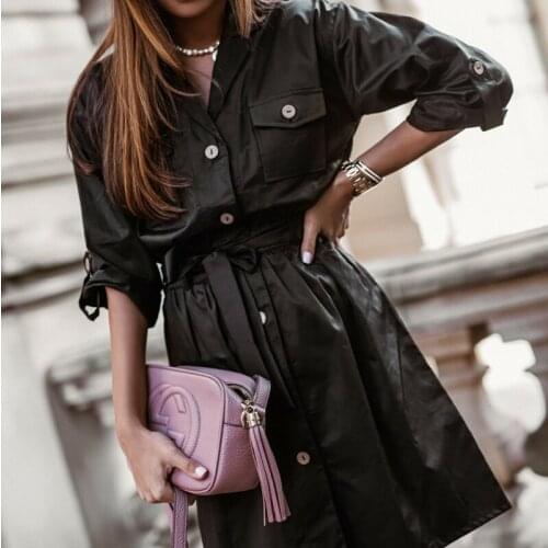 New Fashion PU Dress For Women Solid Turn-down Collar Three Quarter Sleeve Sashes Pockets Mini Dress Elegant Vintage Party Dress