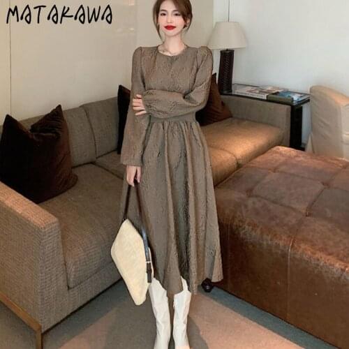 Matakawa Autumn Winter Dresses for Women Fashion Vintage Elegant Robes Dress High Waist Slim All-match Long Sleeve Vestidos