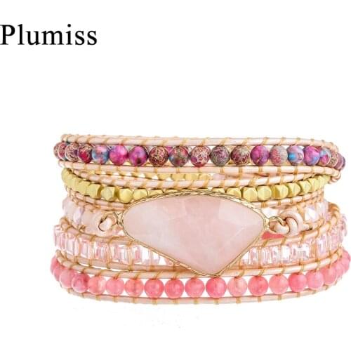 Plumiss Rose Quartzs Wrap Bracelets Natural Stone Strawberry Crystal Beaded Bracelet Boho Jewelry for Women Gift Dropshipping