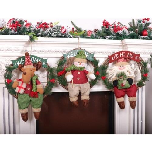 Christmas Rattan Wreath with Cute Plush Dolls Holiday Front Door Xmas Tree Ornaments for Home Decoration