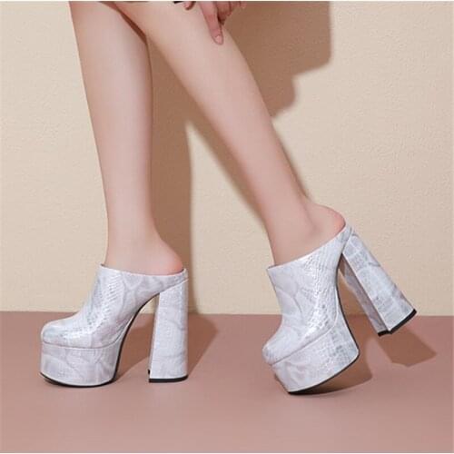 PXELENA Punk Gothic Thick Platform Summer Slippers Women Genuine Leather Chunky Block High Heels Nightclub Party Catwalk Slides