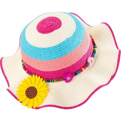 Cute hats Childrens rainbow straw hat summer travel sunscreen sunscreen hat little girl wave pattern contrast sun hat