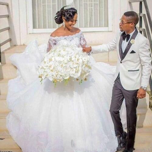 African Wedding Dresses Ball Gown Off the shoulder with Long Sleeves Cheap Wedding Reception Dress Bridal Gowns