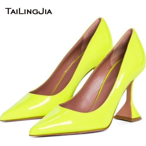 White High Heels Neon Green Woman Pumps Tan Patent Leather Pointed Toe Heeled Ladies Court Shoes Large Size Female Footwear 2021