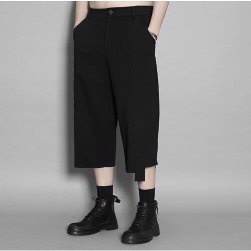 Spring and Summer Dark Department of simple solid color irregular bottom casual pants mens seven-minute wide leg pants men