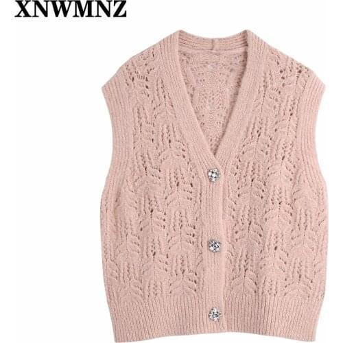 XNWMNZ za 2021 Women Sweet Fashion With Bejewelled Buttons Knitted Vest Sweater Vintage Sleeveless Female Waistcoat Chic Tops