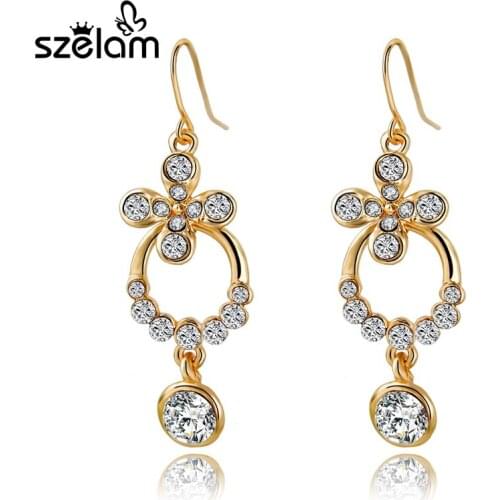 Szelam Low flower rhinestone crystal long earrings for women gold chandelier drop earrings for bridal wedding bijoux SER150101